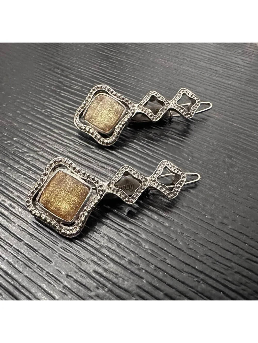 Lot Of 2 Vintage Goody Silver Tone Hair Clips Brown Cabochon Geometric EUC